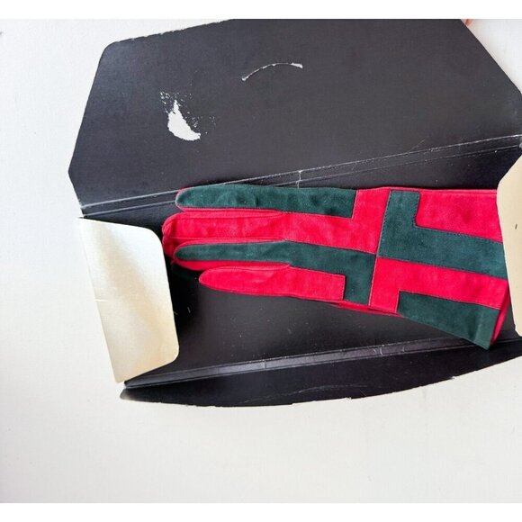 Moschino Red Black Colorblock Suede Gloves w Original Packaging S - Picture 8 of 9